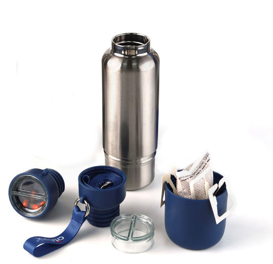 Botella multifunción con acero inoxidable y plástico. Puede personalizarse, para regalos empresariales, con un logotipo grabado en el cuerpo de la botella
