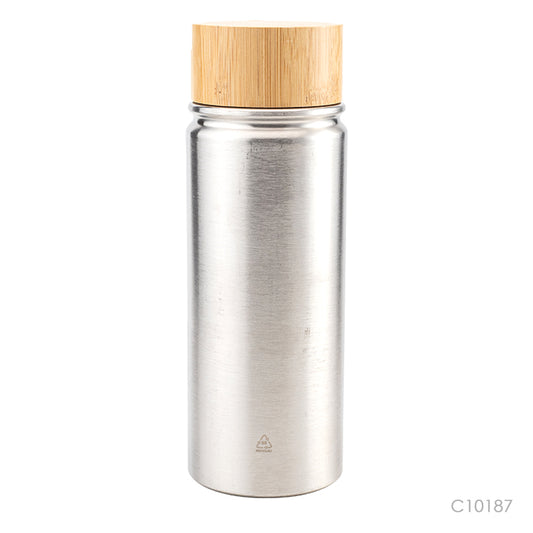 Botella ecológica para regalos empresariales con tapa de bambú. Se puede personalizar con logo utilizando grabado láser fibra.