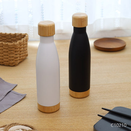 Botellas térmicas con tapa y base de bambú para regalos empresariales, se puede agregar logo utilizando grabado láser fibra en las botellas o grabado láser en las tapas