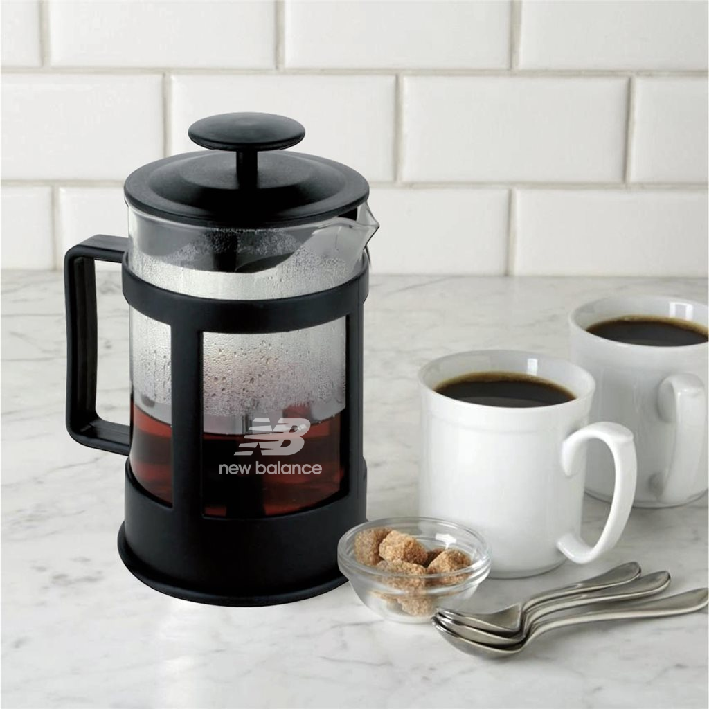 Cafetera tetera de plástico y vidrio. Para regalos empresariales se puede personalizar con un logo utilizando grabado láser o impresión UV.