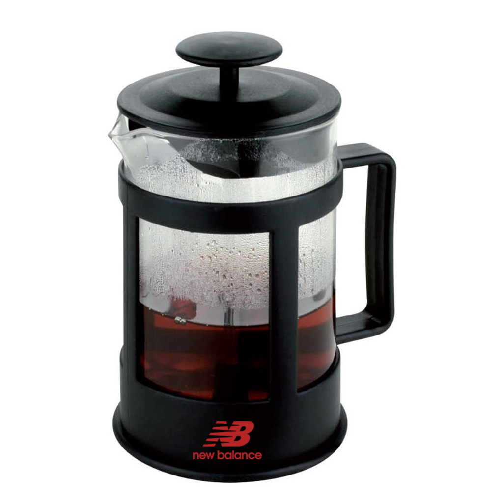 Cafetera tetera de plástico y vidrio. Para regalos empresariales se puede personalizar con un logo utilizando grabado láser o impresión UV.