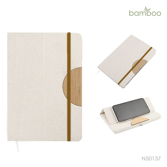 Cuaderno porta celular fabricado a partir del reciclado de envases de leche. También, tiene un detalle en bambú. Se puede personalizar con un logotipo grabado en láser.