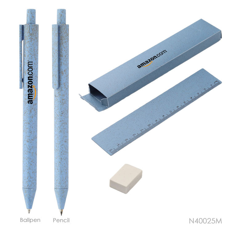 Kit escolar. Incluye dos lapiceras, una caja rectangular, una goma y una regla.