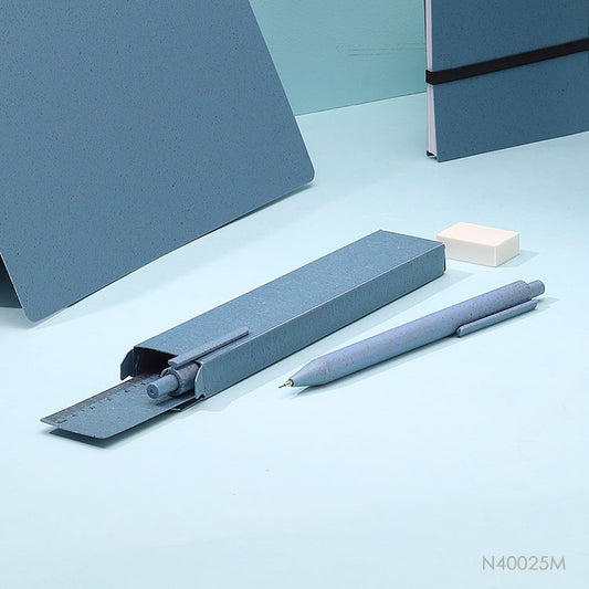 Kit escolar. Incluye dos lapiceras, una caja rectangular, una goma y una regla.