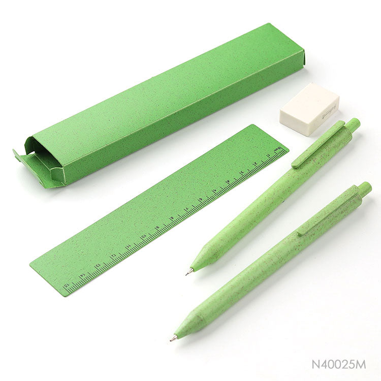 Kit escolar. Incluye dos lapiceras, una caja rectangular, una goma y una regla.