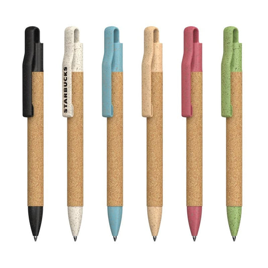 Lapiceras con plástico a base de trigo y corcho. Para regalos empresariales se pueden personalizar con logo utilizando grabado láser o impresión uv