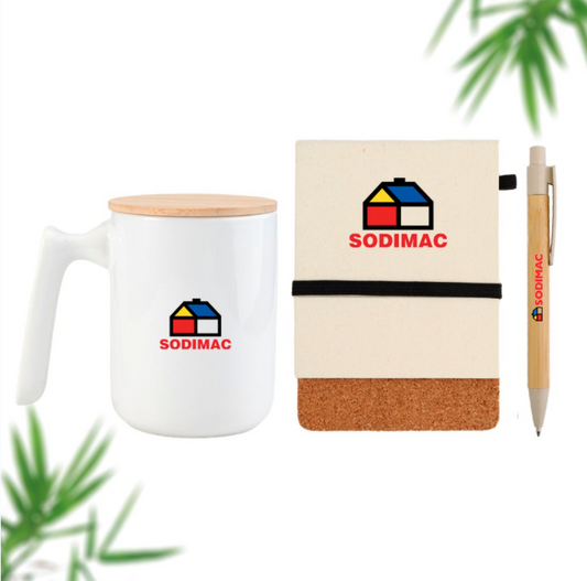 Taza, libreta y lapicera, todos personalizados con logo. Forman parte de un set ecológico.