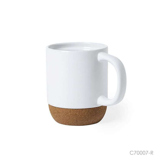 Taza de cerámica con base de corcho y una tapa aislante. Puede personalizarse para regalos empresariales con un logo.