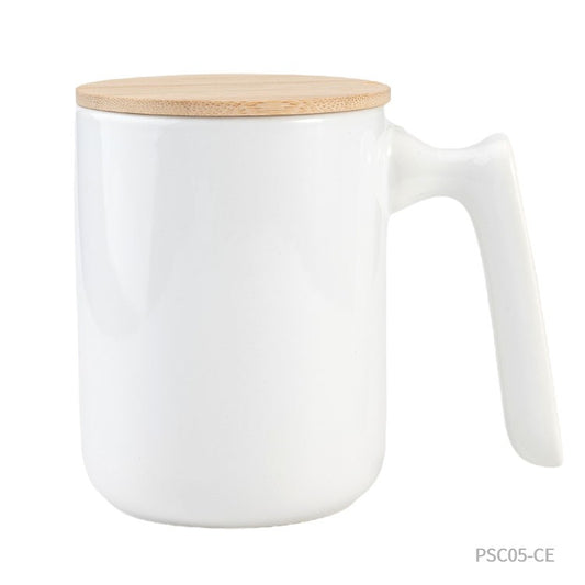 Taza de cerámica con tapa de bambú. Puede personalizarse con un logo para regalos empresariales