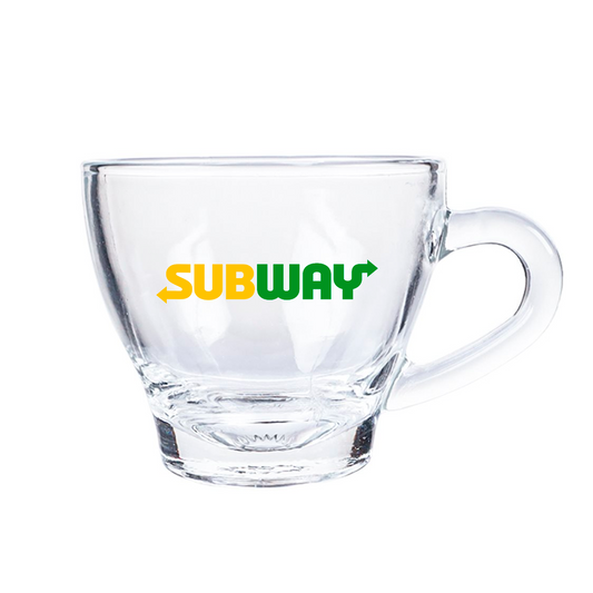 Taza de vidrio. Para regalos empresariales se puede personalizar utilizando grabado láser o impresión UV.