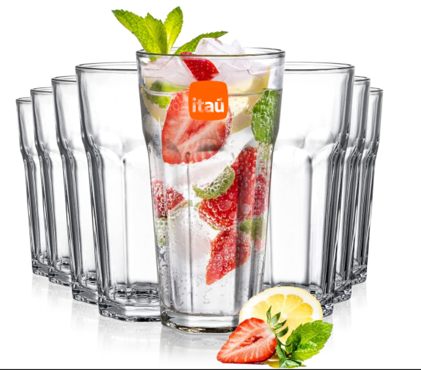 Vasos de vidrio. Para regalos empresariales se puede personalizar utilizando grabado láser o impresión UV