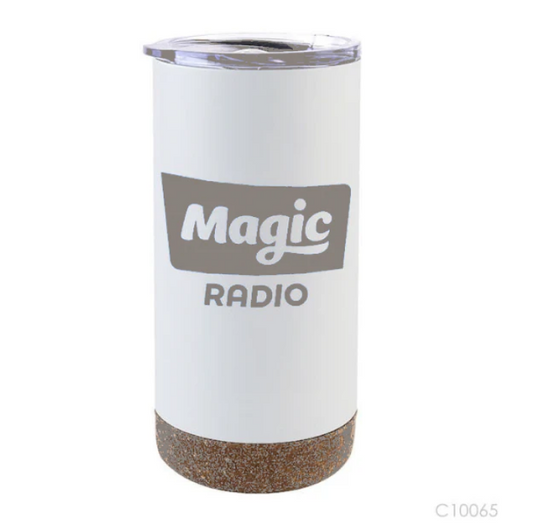 Vaso_termico con base_de_corcho, tapa transparente. Para regalos para empresas se puede personalizar con un logo utilizando grabado láser.