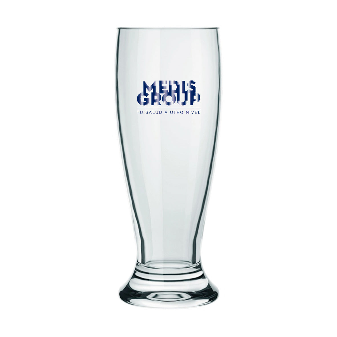 Vaso de vidrio para cerveza. Se puede personalizar utilizando grabado láser o impresión UV.
