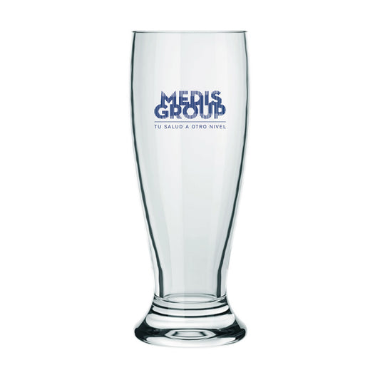 Vaso de vidrio para cerveza. Se puede personalizar utilizando grabado láser o impresión UV.