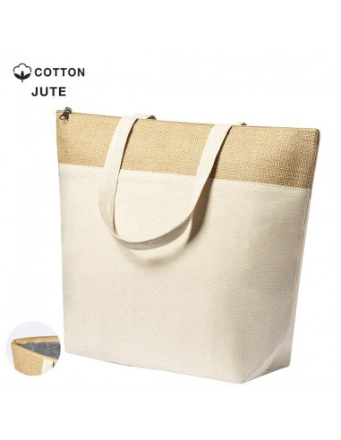 Bolsa térmica de algodón, yute laminado y aluminio. Para regalos empresariales se puede personalizar con un logo.