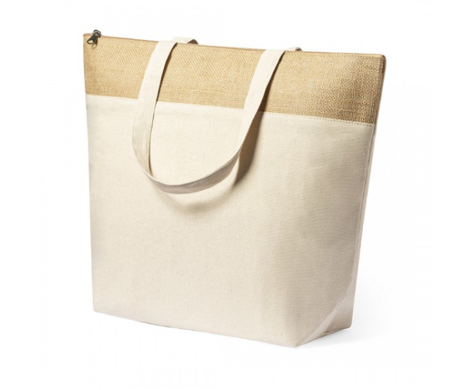 Bolsa térmica de algodón, yute laminado y aluminio. Para regalos empresariales se puede personalizar con un logo.