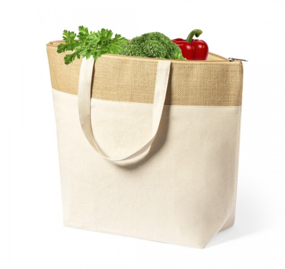 Bolsa térmica de algodón, yute laminado y aluminio. Para regalos empresariales se puede personalizar con un logo.