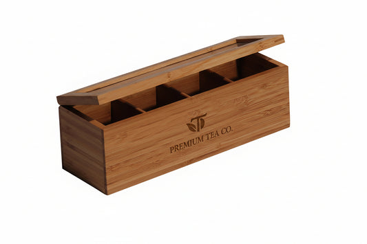 Caja Para Té de 4 Divisiones. Logo personalizado grabado, regalo empresarial.