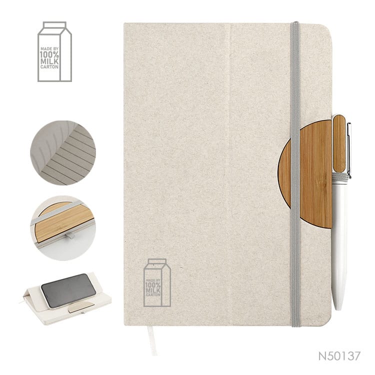 Cuaderno porta celular fabricado a partir del reciclado de envases de leche con elastico. Logo personalizado, regalo corporativo.