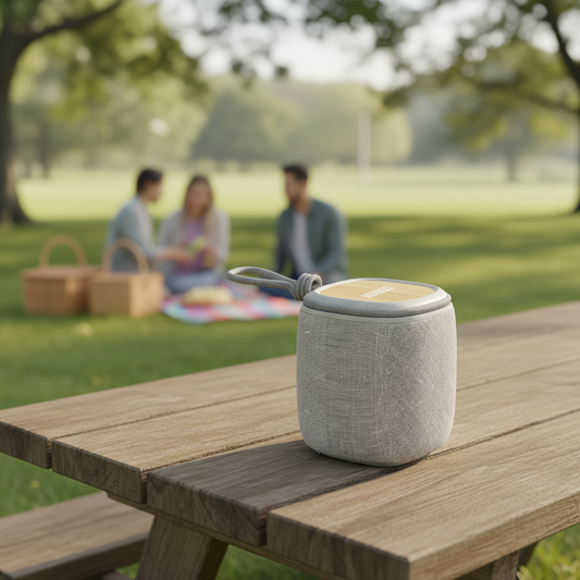 Parlante Bluetooth eco en ambiente de picnic al aire libre