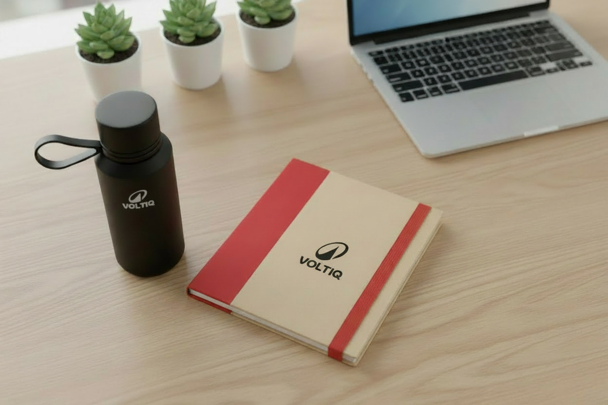 Kit de botella y block en un escritorio. Logo personalizado, regalo corporativo.