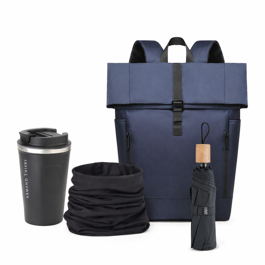 Kit Esencia Urbana, mochila color azul. Logo personalizado, regalo empresarial.