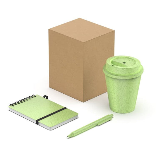 kit de oficina ecológico que incluye una libreta, un vaso con tapa y una lapicera. Todos con pla biodegradable. Para regalos empresariales puede personalizarse con la impresion UV de un logo