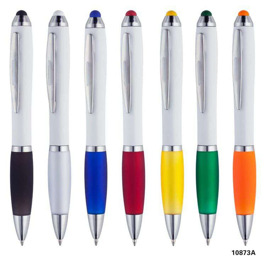 Lapicera nerina de plástico, diferentes colores. Cuerpo banco con agarre de goma de color. Logo personalizado, regalo corporativo.