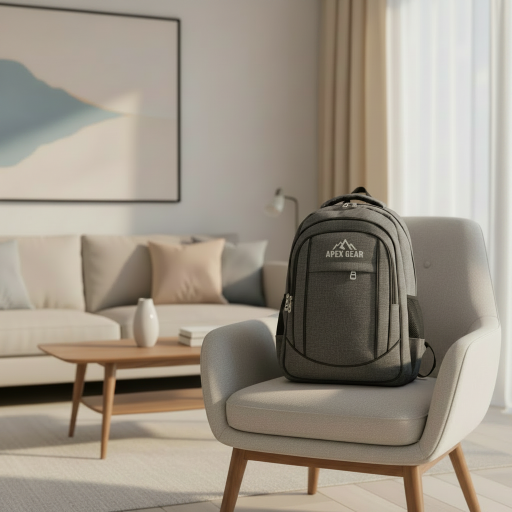 Mochila cuatro cierres gris sobre escritorio. Logo personalizado, regalo empresarial.