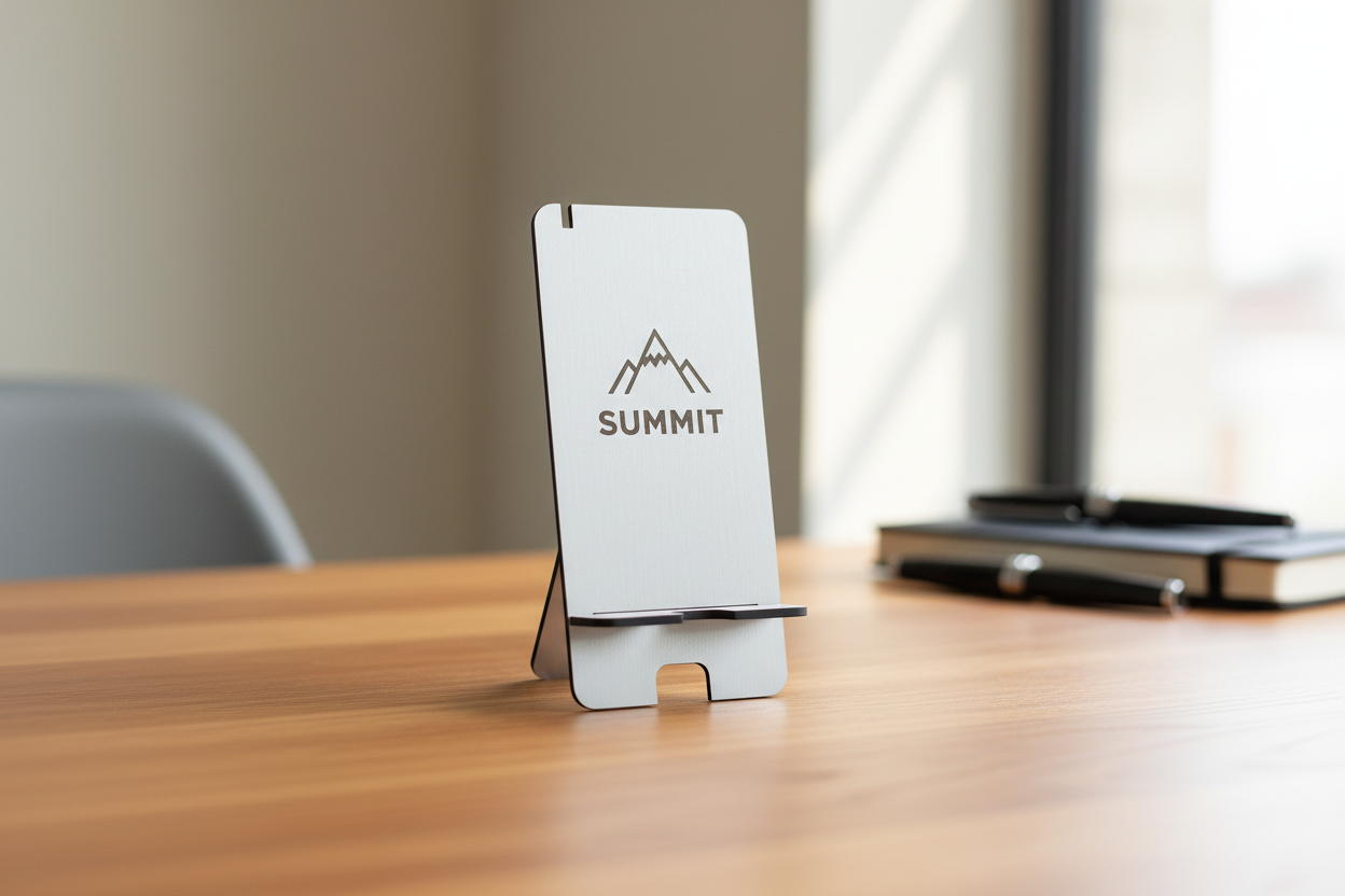 Porta Celular Lirio sobre escritorio. Logo personalizado, regalo empresarial.