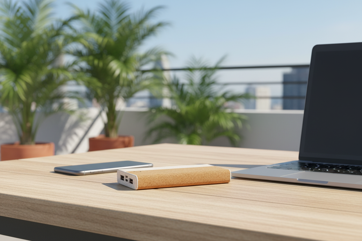 Power Bank Talifa sobre escritorio. Logo personalizado, regalo empresarial.