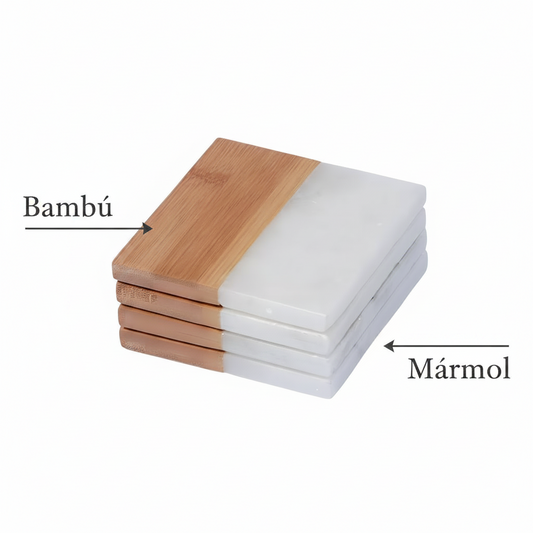 set 4 posavasos bambú y mármol medidas. Logo personalizado, regalo empresarial.