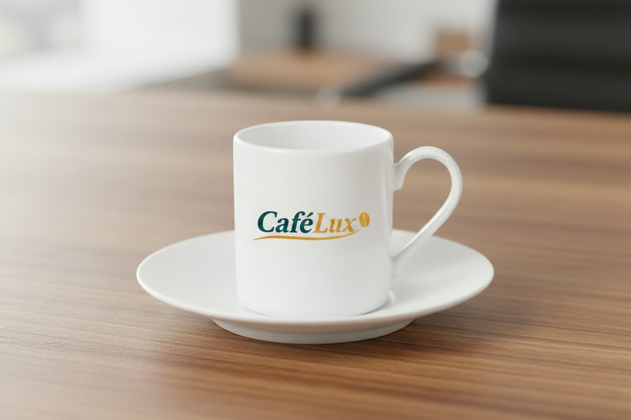 taza para cafe y platillo. Logo personalizado, regalo empresarial.