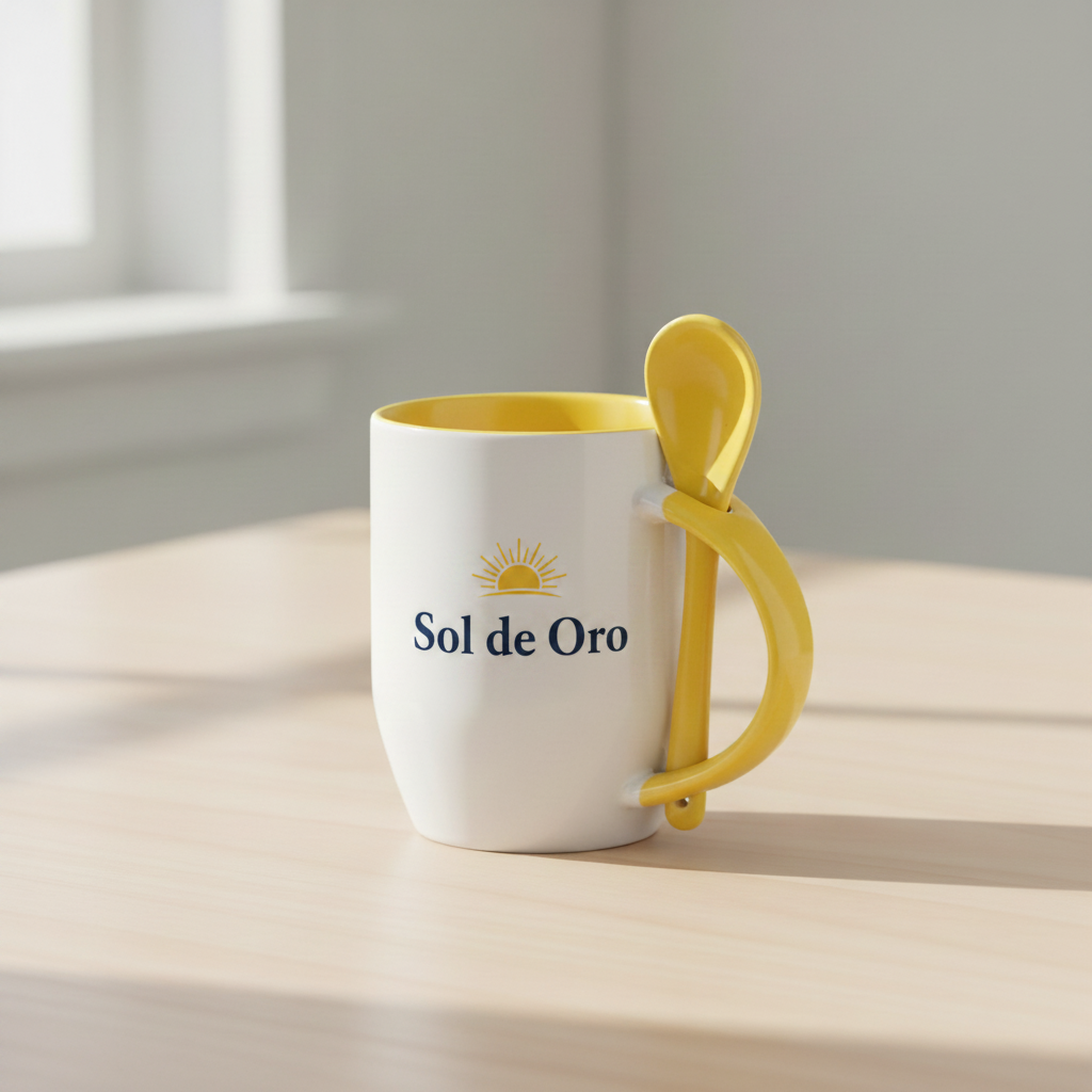 Taza con cucharita de color amarilla en escritorio. Logo personalizado, regalo empresarial.