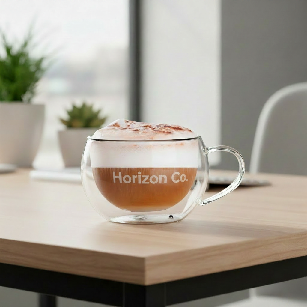 Taza doble pared en escritorio. Logo personalizado, regalo empresarial.