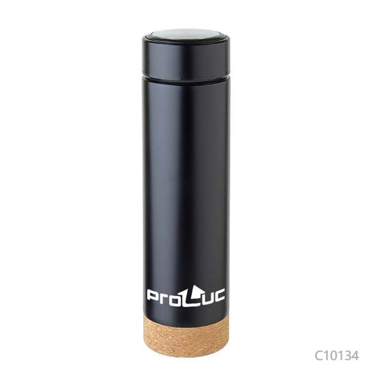 Botella de acero inoxidable con filtro para té o café y base de corcho. Puede personalizarse, para regalos empresariales, con un logotipo grabado con láser