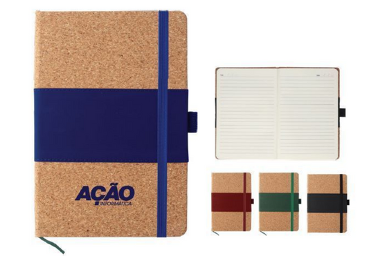 Cuaderno de tela PU y corcho con logotipo que puede aplicarse mediante impresión UV o grabado láser.