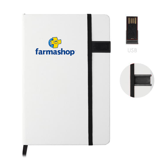 Cuaderno en PU con pendrive incluido. Se puede personalizar con un logotipo impreso en UV.