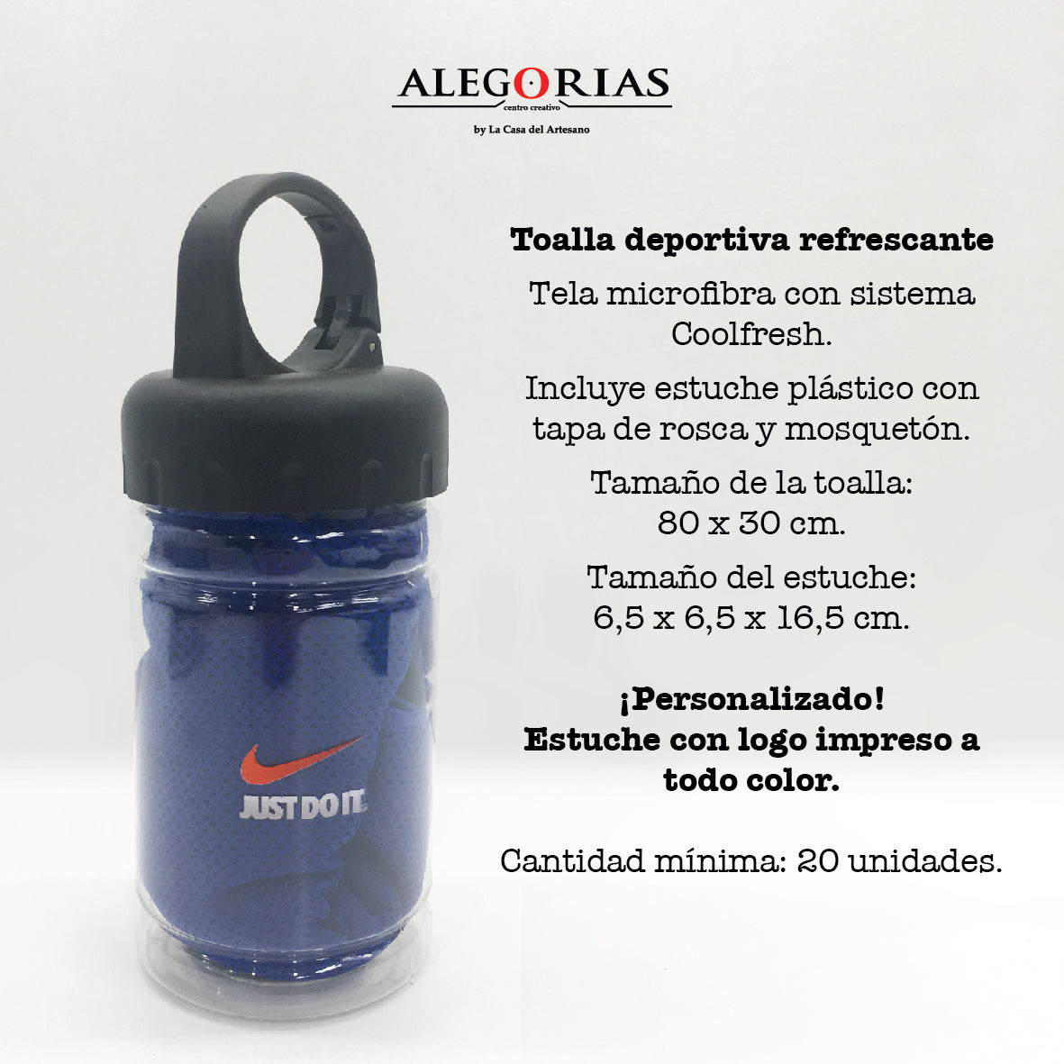 Toalla deportiva con estuche. Para regalos empresariales tanto la toalla como el estuche se pueden personalizar con un logo