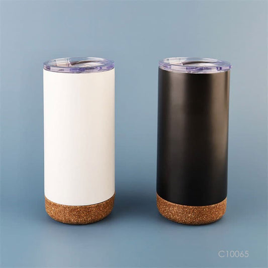 Vaso_termico con base_de_corcho, tapa transparente. Para regalos para empresas se puede personalizar con un logo utilizando grabado láser.