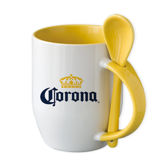 Taza con cucharita de color amarilla. Logo personalizado, regalo empresarial.
