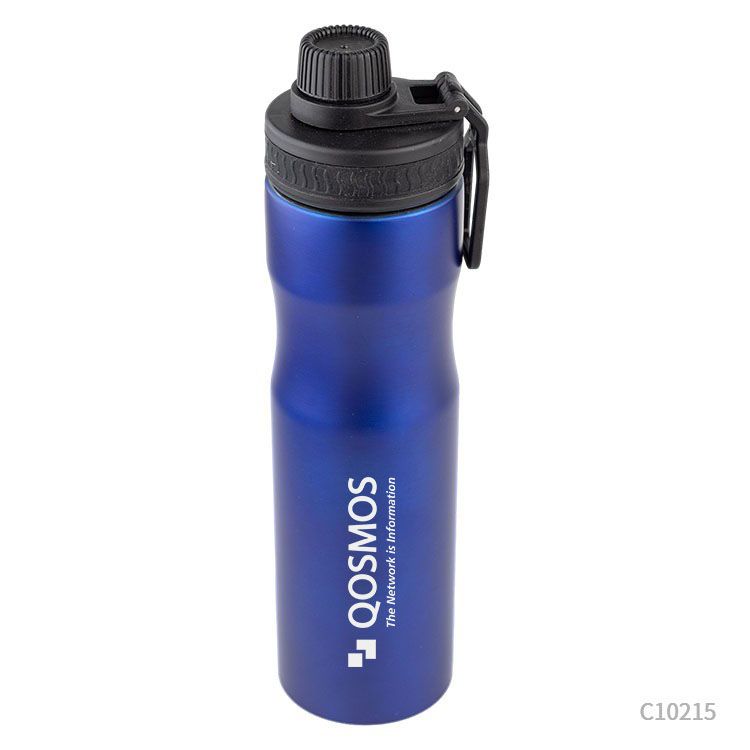 Botella Personalizada de acero reciclado. Para regalos empresariales puede tener un logo con grabado láser fibra. Disponible en Negro, Azul, Rojo y Plata. 