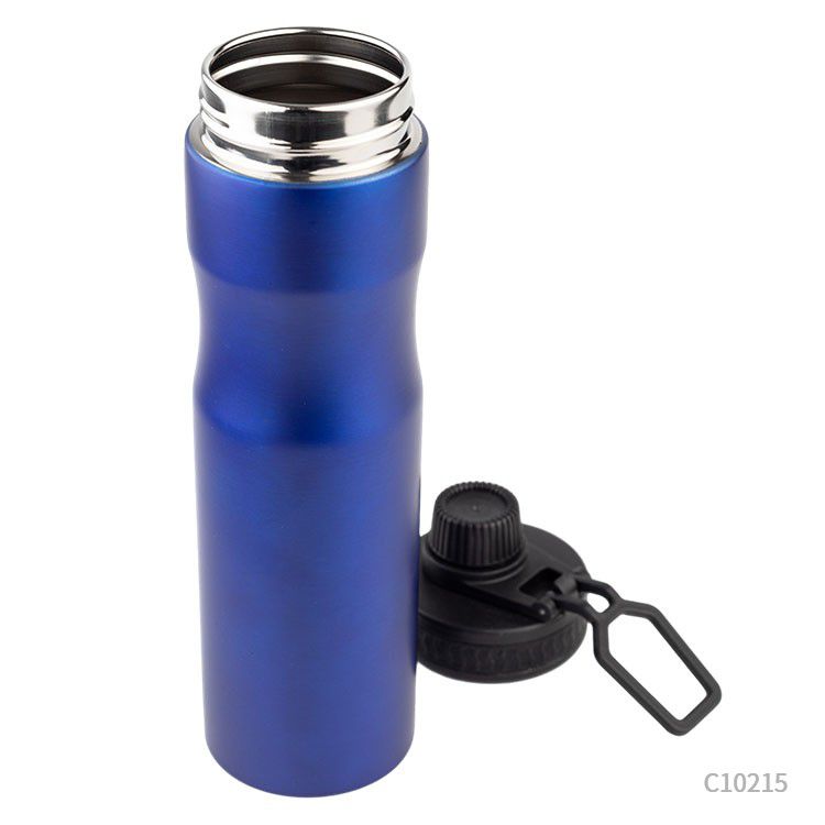 Botella de acero reciclado. Para regalos empresariales puede tener un logo con grabado láser fibra. Disponible en Negro, Azul, Rojo y Plata. 