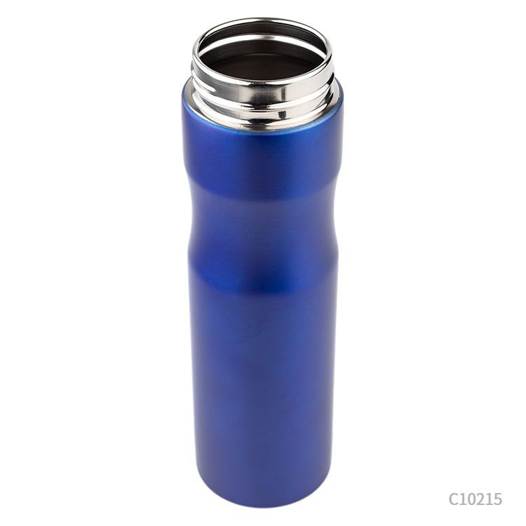 Botella de acero reciclado. Para regalos empresariales puede tener un logo con grabado láser fibra. Disponible en Negro, Azul, Rojo y Plata. 