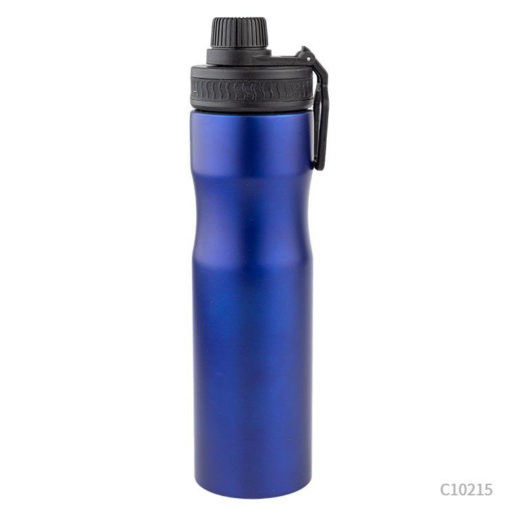 Botella de acero reciclado. Para regalos empresariales puede tener un logo con grabado láser fibra. Disponible en Negro, Azul, Rojo y Plata. 