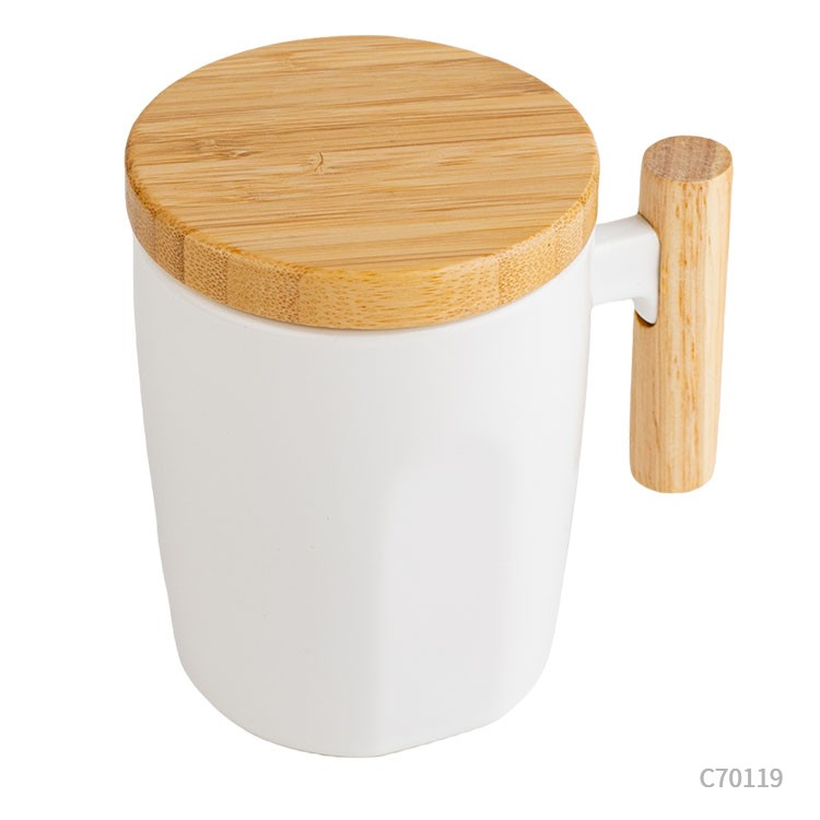 Taza cerámica asa y tapa de bambú