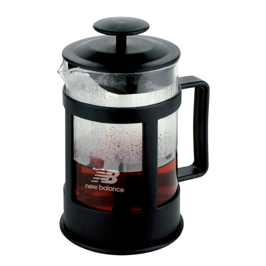 Cafetera tetera de plástico y vidrio. Para regalos empresariales se puede personalizar con un logo utilizando grabado láser o impresión UV.