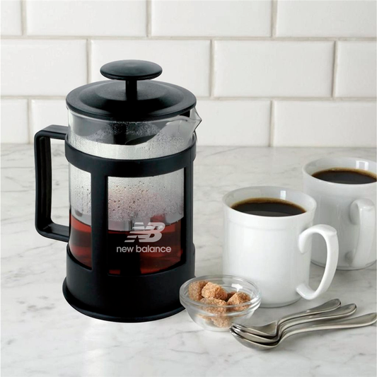 Cafetera tetera de plástico y vidrio. Para regalos empresariales se puede personalizar con un logo utilizando grabado láser o impresión UV.