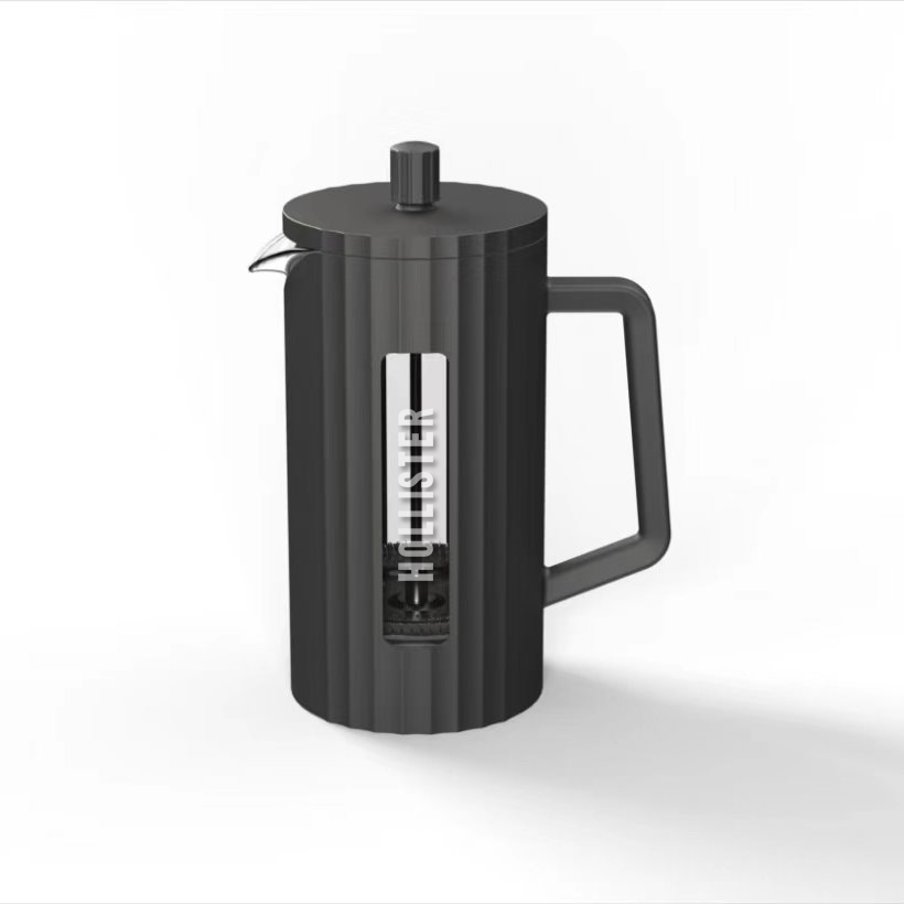 Cafetera tetera de prensa manual fabricada en borosilicato (vidrio de alta resistencia). Para regalos empresariales se puede personalizar con un logo utilizando grabado láser o impresión UV.