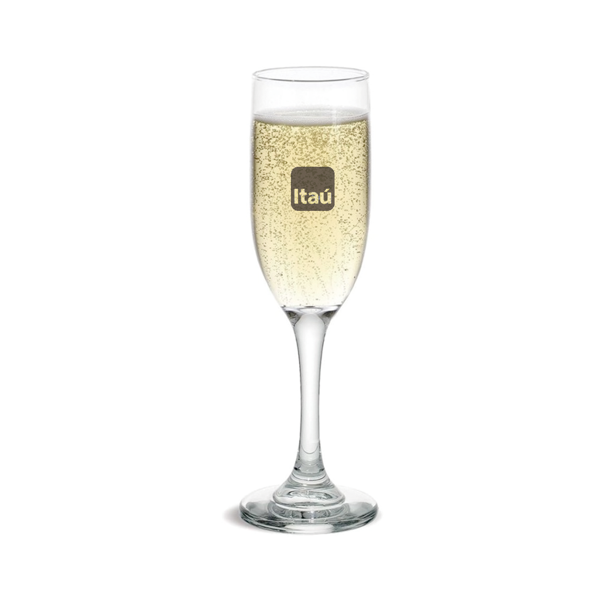 Copa Champagne de vidrio. Para eventos corporativos se puede personalizar utilizando grabado láser o impresión UV.